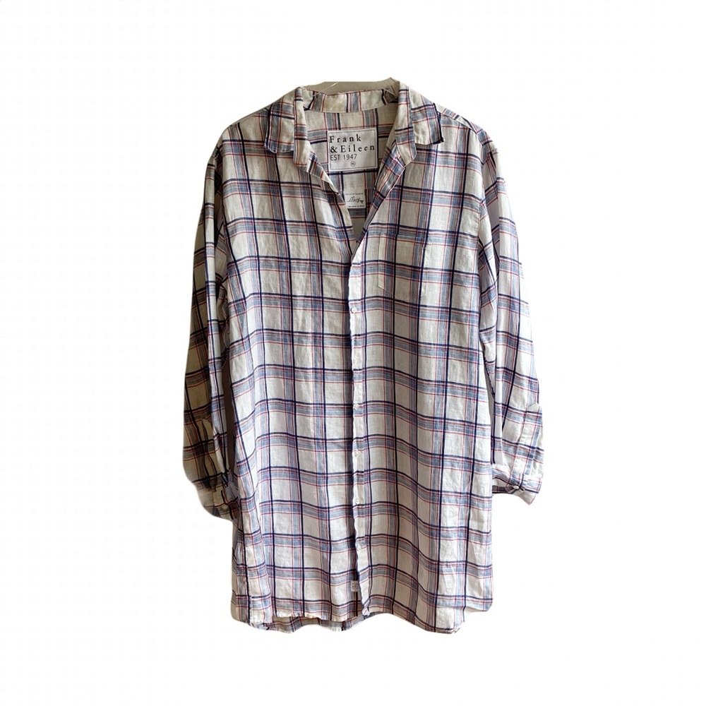 Frank & Eileen Mary Shirtdress Size XL 100% Linen White Blue Plaid Button Down